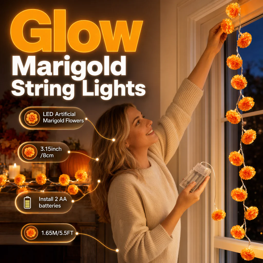 πNew Arrival 50% OFF! πΌ Artificial Marigold Flower Led String Light β Perfect For Day Of The Dead & Halloween, 20 Leds, 8 Modes, Waterproof. Create A Festive Altar Or Spooky Porch! π―οΈππ§‘