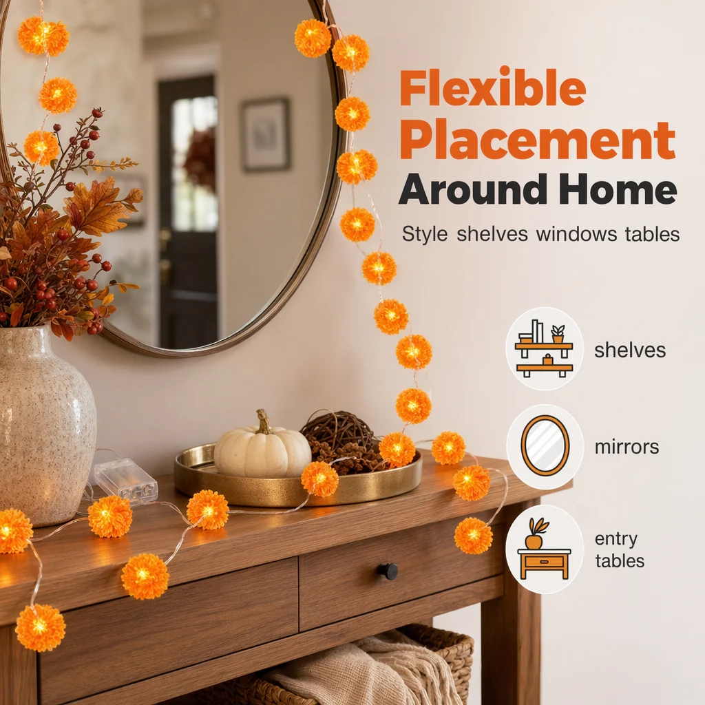 πNew Arrival 50% OFF! πΌ Artificial Marigold Flower Led String Light β Perfect For Day Of The Dead & Halloween, 20 Leds, 8 Modes, Waterproof. Create A Festive Altar Or Spooky Porch! π―οΈππ§‘ - Image 4