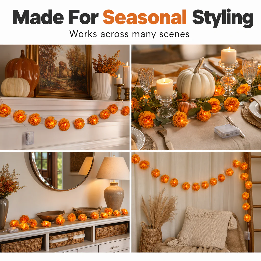πNew Arrival 50% OFF! πΌ Artificial Marigold Flower Led String Light β Perfect For Day Of The Dead & Halloween, 20 Leds, 8 Modes, Waterproof. Create A Festive Altar Or Spooky Porch! π―οΈππ§‘ - Image 5