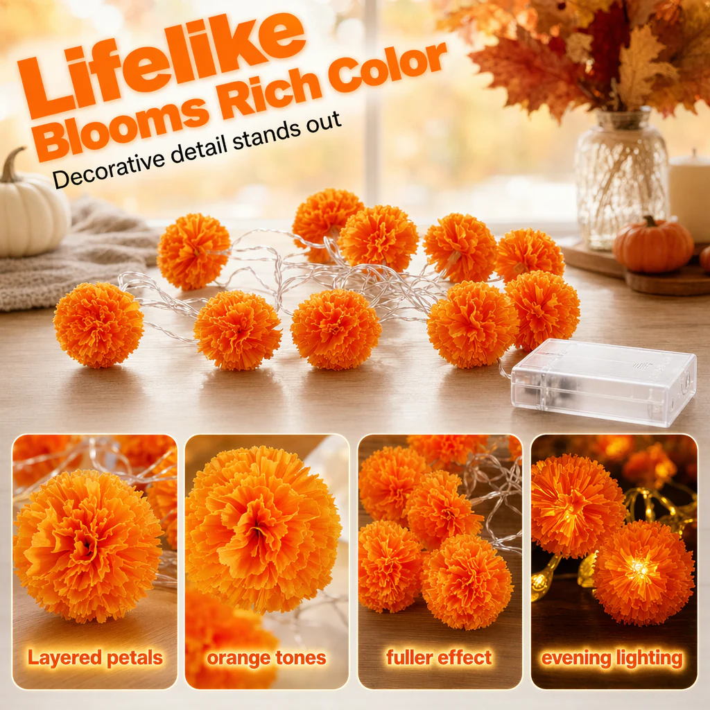 πNew Arrival 50% OFF! πΌ Artificial Marigold Flower Led String Light β Perfect For Day Of The Dead & Halloween, 20 Leds, 8 Modes, Waterproof. Create A Festive Altar Or Spooky Porch! π―οΈππ§‘ - Image 7