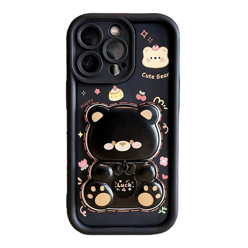 Foldable Stand & Mirror Cute Bear Phone Case for iPhone Series - Image 10