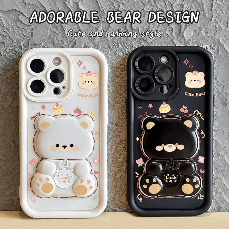 Foldable Stand & Mirror Cute Bear Phone Case for iPhone Series - Image 3