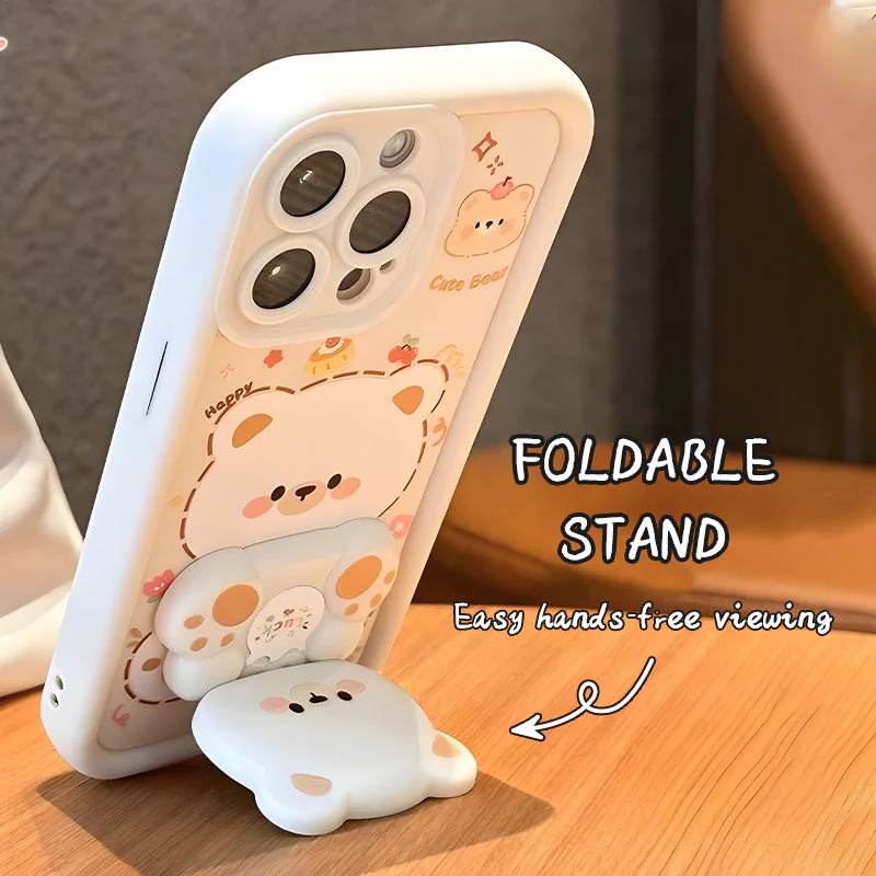 Foldable Stand & Mirror Cute Bear Phone Case for iPhone Series - Image 4