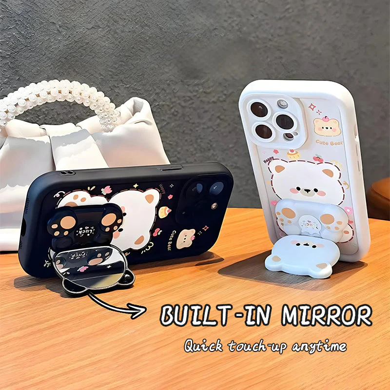 Foldable Stand & Mirror Cute Bear Phone Case for iPhone Series - Image 5