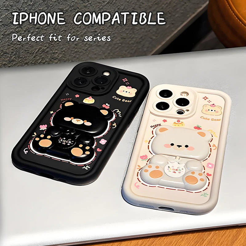 Foldable Stand & Mirror Cute Bear Phone Case for iPhone Series - Image 6