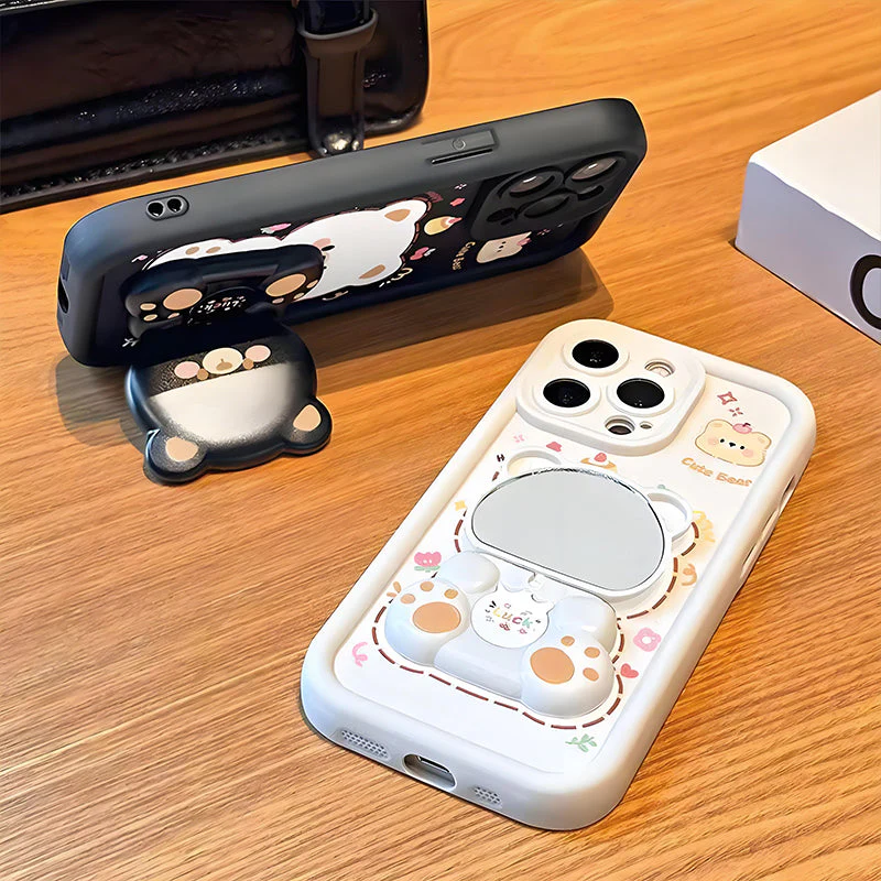 Foldable Stand & Mirror Cute Bear Phone Case for iPhone Series - Image 7