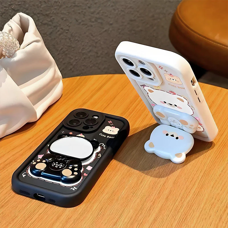 Foldable Stand & Mirror Cute Bear Phone Case for iPhone Series - Image 8