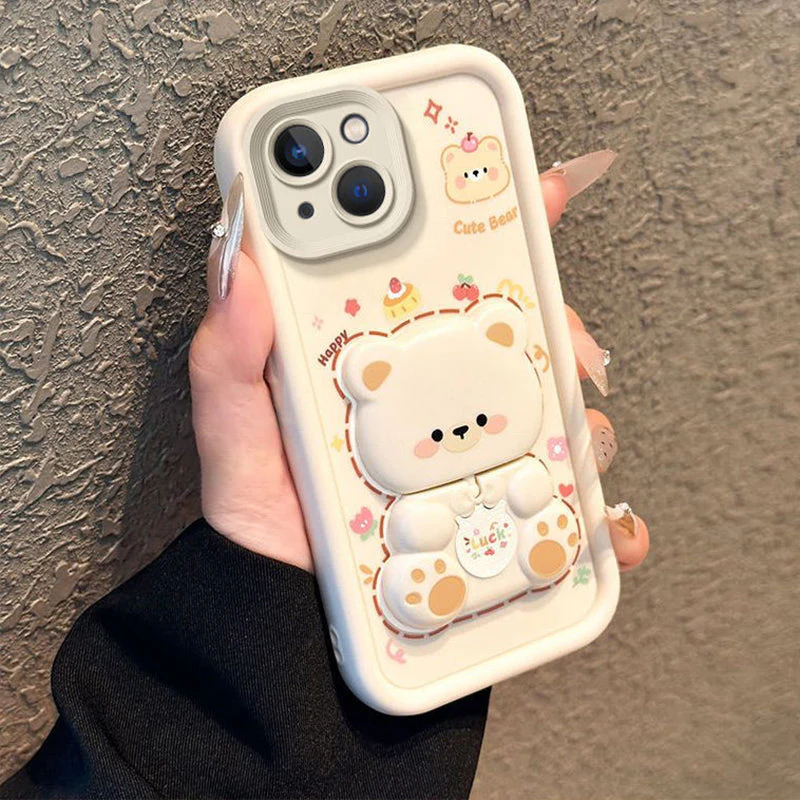 Foldable Stand & Mirror Cute Bear Phone Case for iPhone Series - Image 9
