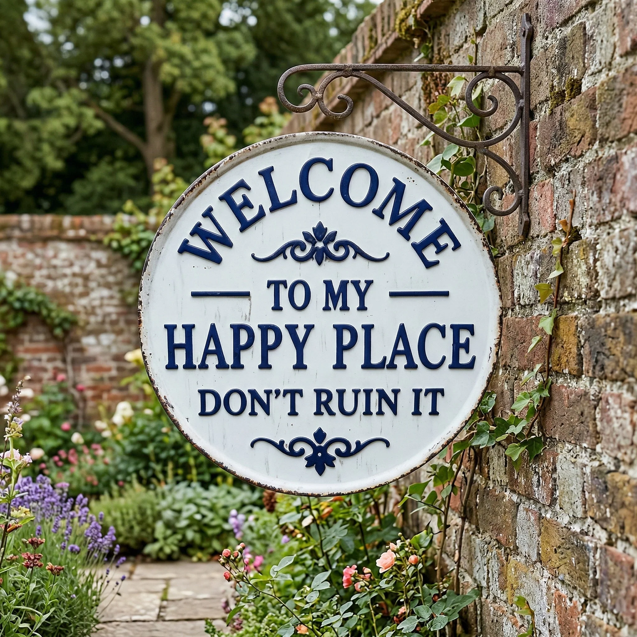 🏡🔥🔥BUY 3 GET 1 FREE⏰Vintage Round Metal Sign – “Welcome to My Happy Place Don’t Ruin It” Garden Wall Decor - Image 8