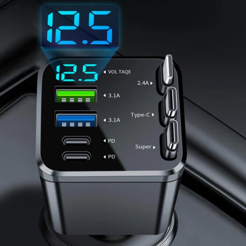 🔋 50% OFF NOW! 🚗 Fast Charging 7-in-1 Retractable Fast Car Charger with Voltage Display – USB-C For Android&Lighting For APPLE - Image 3