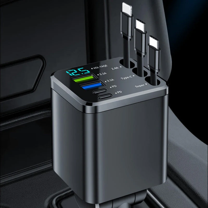 🔋 50% OFF NOW! 🚗 Fast Charging 7-in-1 Retractable Fast Car Charger with Voltage Display – USB-C For Android&Lighting For APPLE - Image 5
